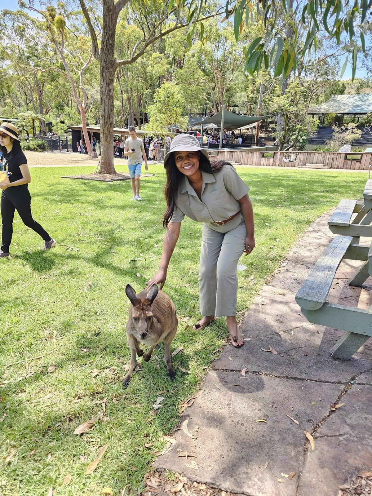 Kadine Reynolds with a kangaroo in Australia