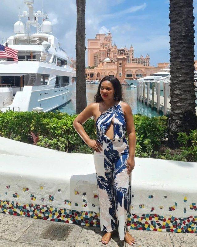 Kadine Reynolds beside the marina at Paradise Island, The Bahamas